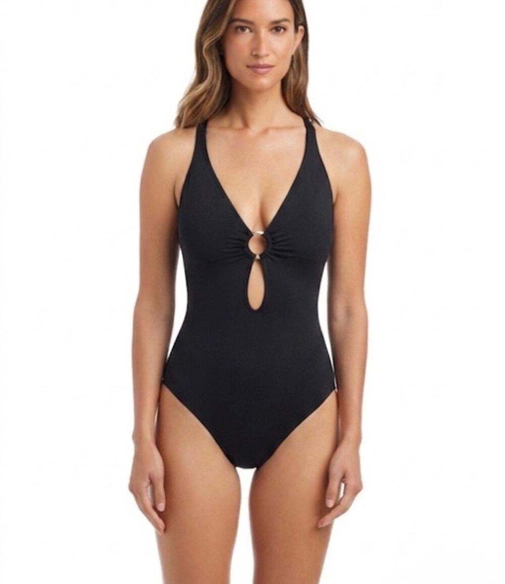New Bleu Rod Beattie Plunge Ring One Piece Swimsuit black sz 14